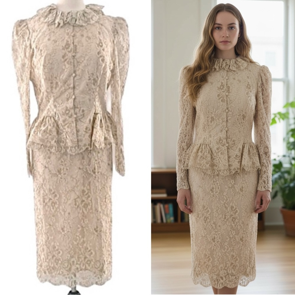 Vintage Cream Lace Peplum Skirt Set with Ruffled Collar